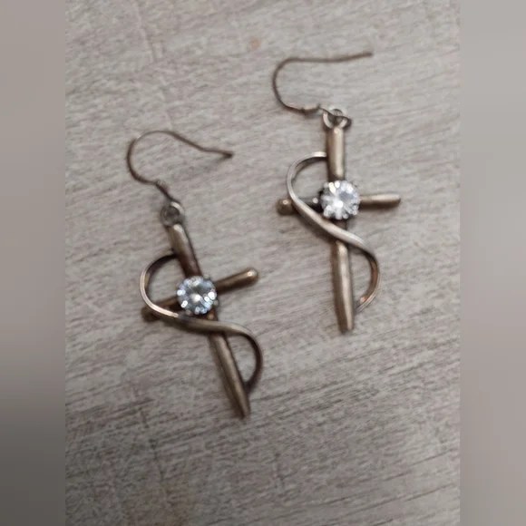 Vintage Christian Sterling Silver Cross Earrings with Clear Stone - Picture 3 of 4